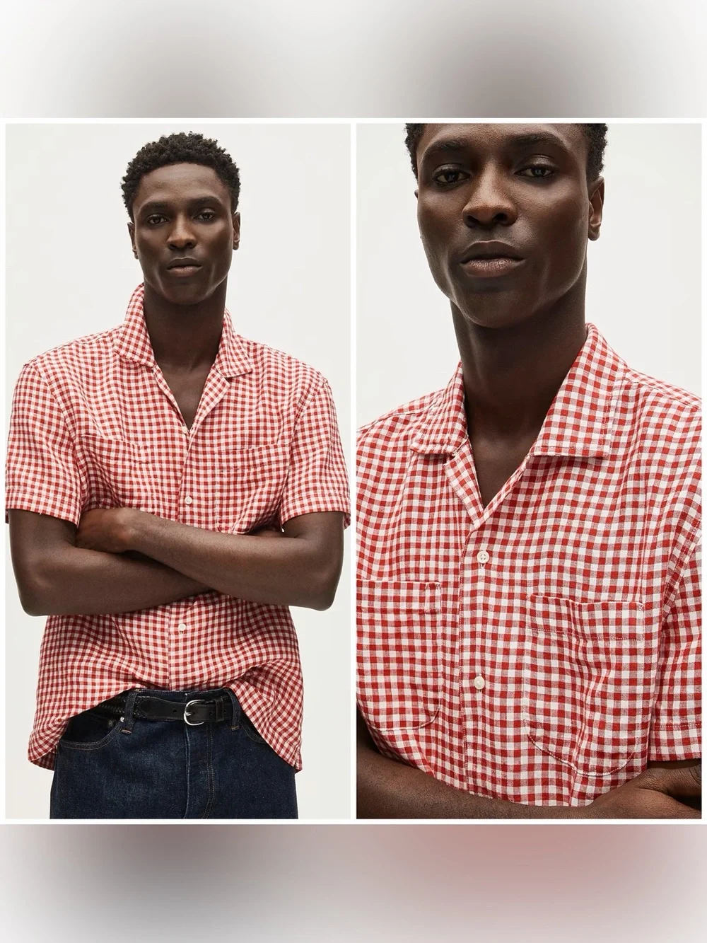J Crew Men Short-sleeve 100% linen camp-collar shirt in gingham Red White Sz L